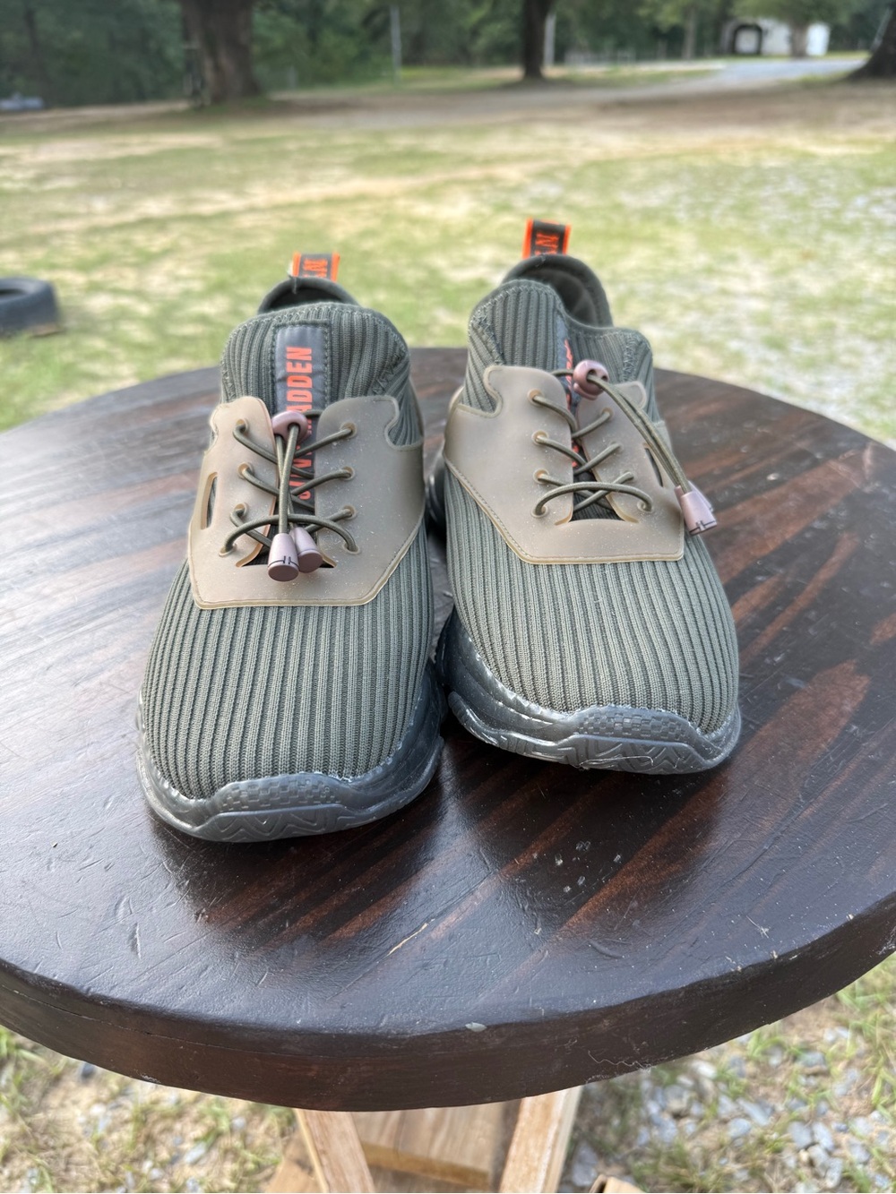 Steve Madden Olive Knit Slip-On Sneakers with Orange Pull Tabs